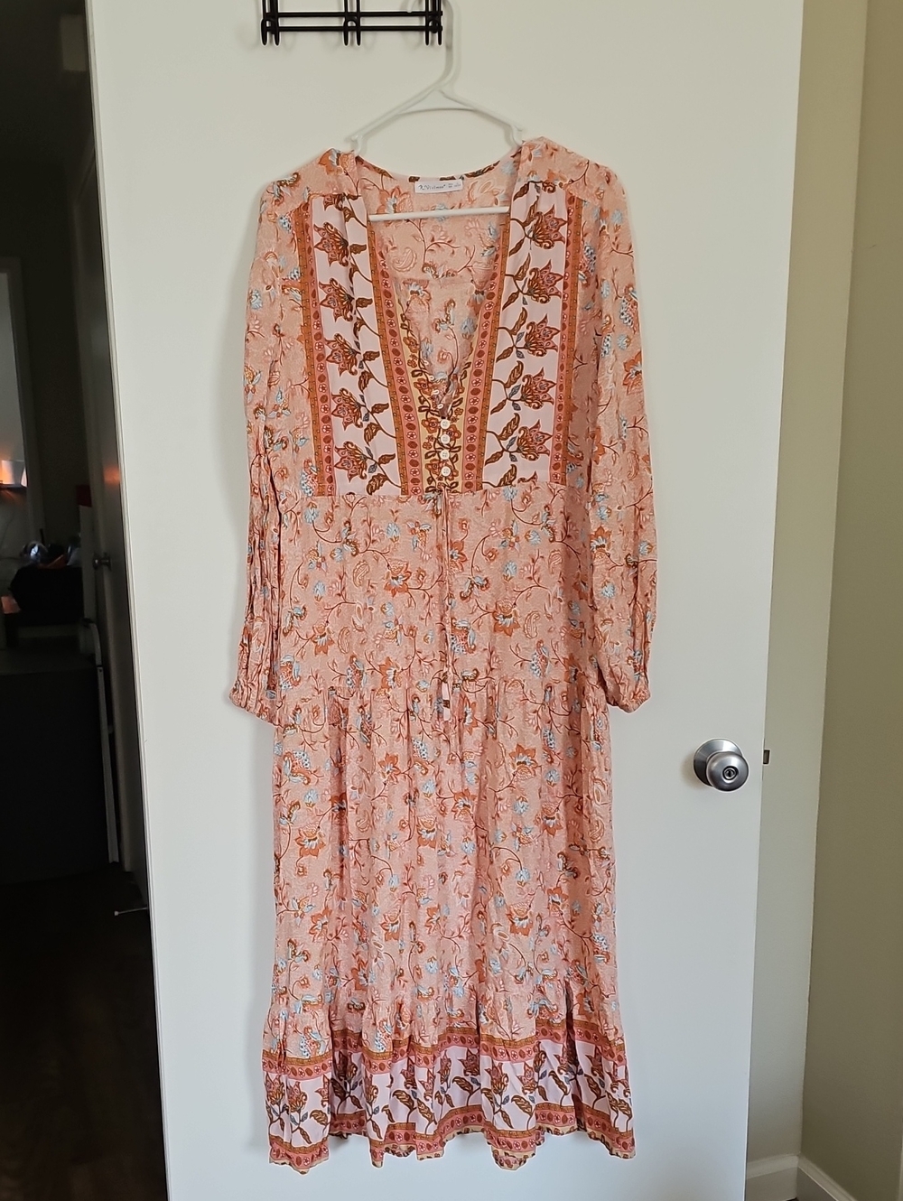 Peach Floral Long Sleeve Maxi Dress with Embroidered Yoke